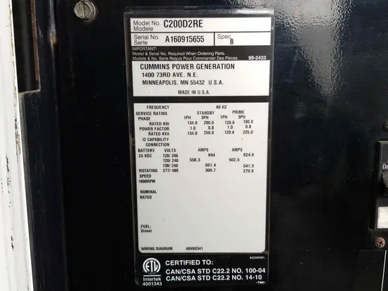 2016 Cummins C200D6R Diesel Generator