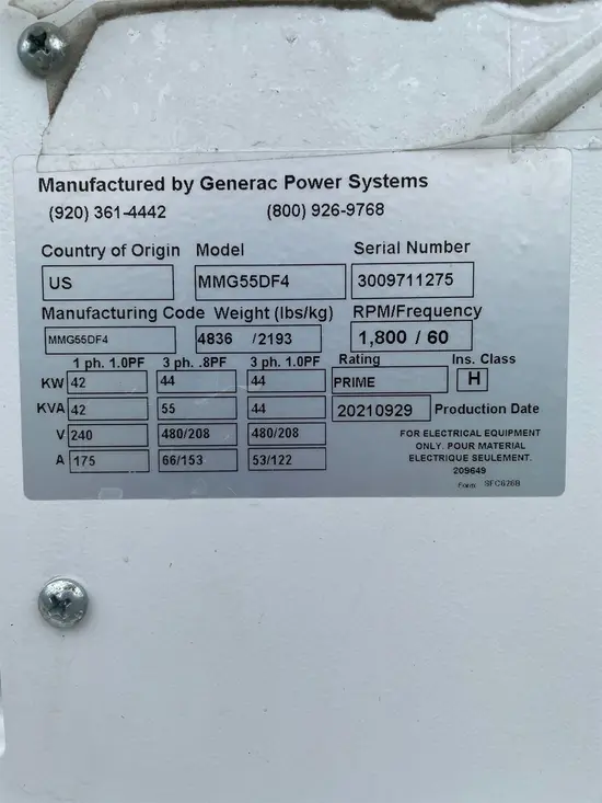 2021 Generac MMG55DF4CAN6 Diesel Generator