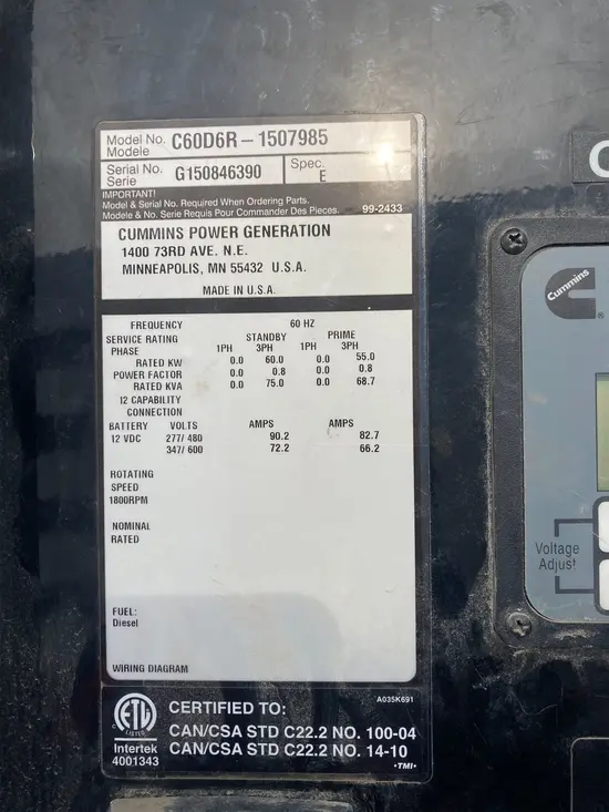 2015 Cummins C60D6R Diesel Generator