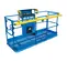 Front angled view of a blue and yellow aerial work platform with guardrails and a control panel.