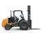 Side view of an orange rough terrain forklift with black tires and straight lifting mast with black forks extended.