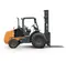 Side view of an orange rough terrain forklift with black tires and straight lifting mast with black forks extended.