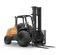 Front angled view of an orange CASE forklift with black tires, a straight lifting mast and an open operator cabin.