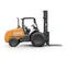 Side view of an orange CASE rough terrain forklift with black tires, a straight lifting mast and an open operator cabin.