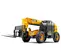 Front angled view of a yellow JCB telehandler with retracted boom, forklift attachment and enclosed cabin.