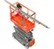 Top angled view of an orange and gray scissor lift retracted with platform and extendable rail.