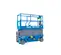 Side view of a retracted blue Genie scissor lift with guardrails.