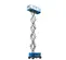 Front angled view of an extended blue Genie scissor lift with guardrails.