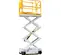 Side view of yellow and white scissor lift in a partially extended position with safety rails and compact base.