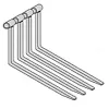 Front view of a grey forklift fork attachment with four metal forks extended.