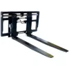 Front view of a black forklift fork attachment with two metal forks extended and a mounting frame.