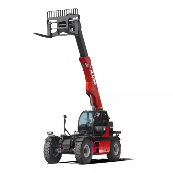 Front angled view of a red telehandler with extended boom and forklift attachment with an enclosed cab.