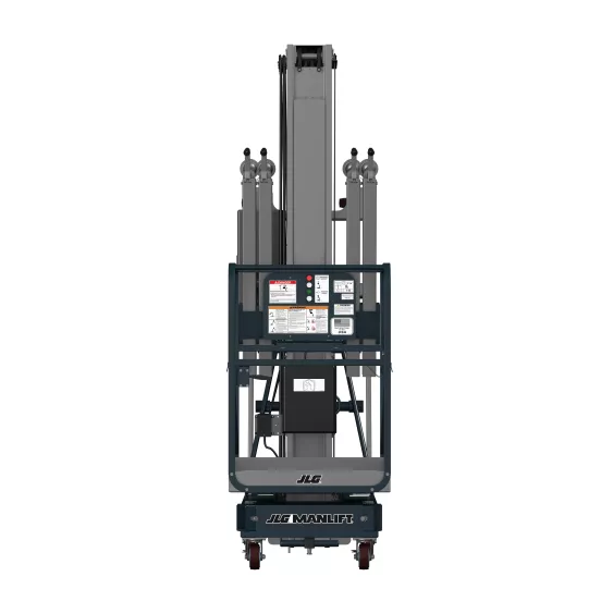 Rear view of a retracted gray and black JLG ManLift vertical mast lift with control panel.