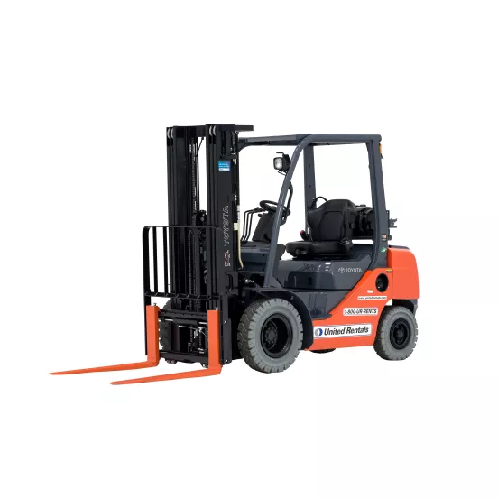Front angled view of an orange and black Toyota warehouse forklift with a black mast, orange forks and an open cabin.