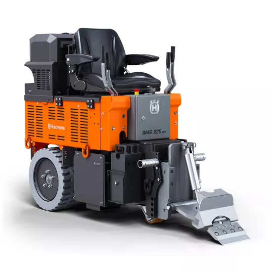 Orange and gray Husqvarna battery powered Ride-on Floor Scraper