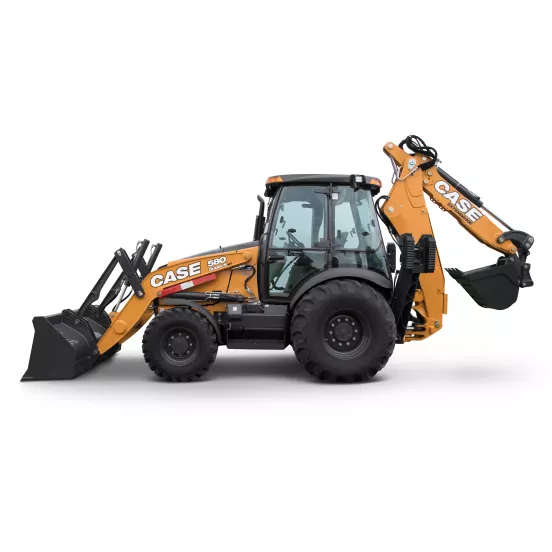 Orange and black CASE 90-105 HP Backhoe Loader, 14-16 ft. Dig Depth, Extendahoe