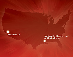 Map of the United States with California and Lousiana branches highlighted
