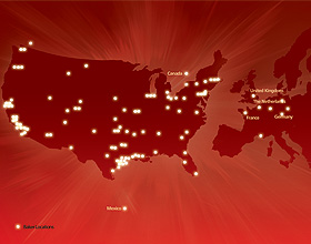 A map of highlighted branches in the Canada, Europe, Mexico, and the United States